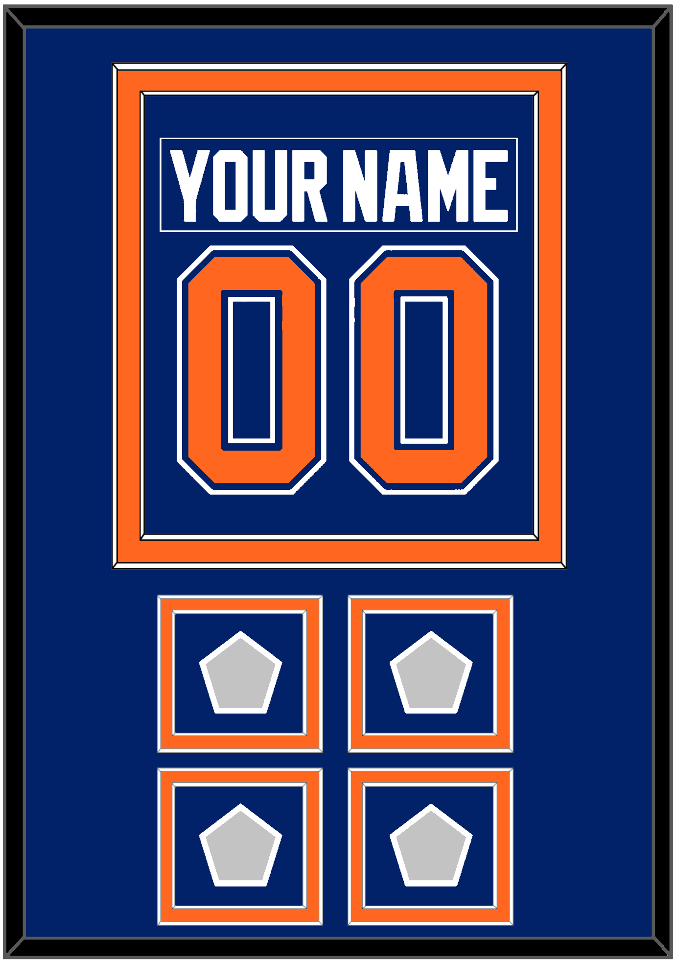 Edmonton Nameplate & Number (Back) Combined With 4 Stanley Cup Champions Patches - Road Blue (1981-1994) - Signature Tier 2