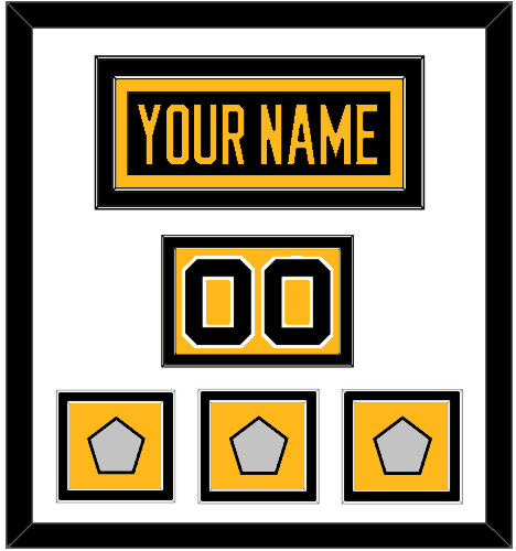 Pittsburgh Nameplate, Number (Shoulder) & 2009, 2016 & 2017 Stanley Cup Champions Patches - Home Black - Double Mat 1