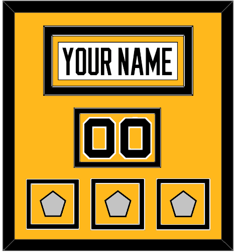 Pittsburgh Nameplate, Number (Shoulder) & 2009, 2016 & 2017 Stanley Cup Finals Patches - Road White - Double Mat 2